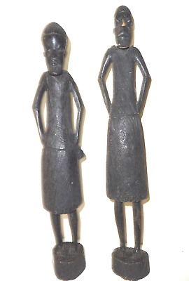 Vtg African Tribal Art Pair Carved Men Elders Black Wood Ebony Statues Kenya Wow