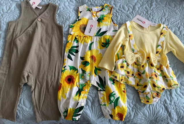 Baby Girl 6-9month clothes bundle jumpsuits sage green and sunflowers bnwt