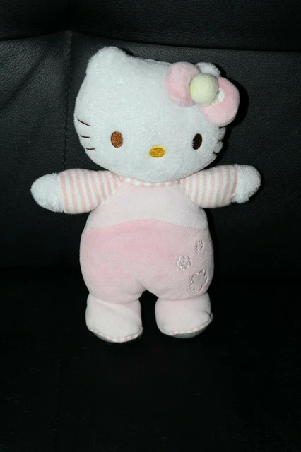 Doudou chat HELLO KITTY blanc et rose brode fleurs noeuds 21 cm grelot