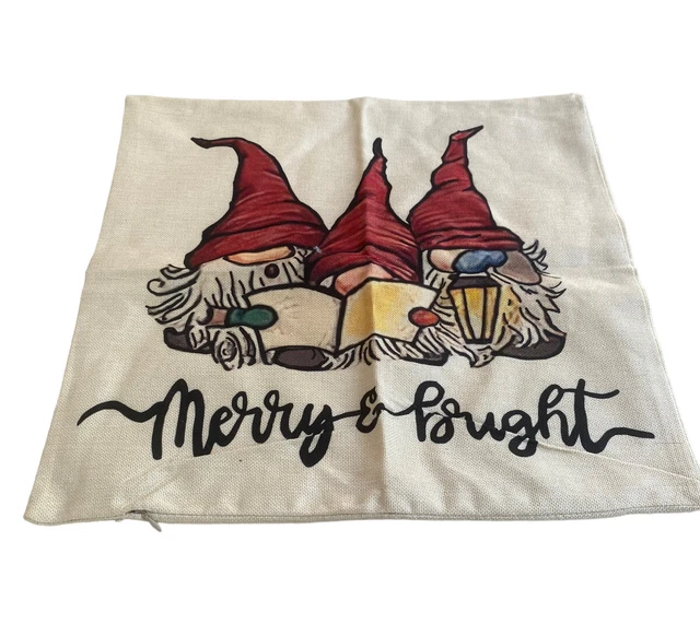 Funda de almohada de Navidad Gnomos ""Feliz y Brillante"" roja amarilla crema negra 18 x 17,5