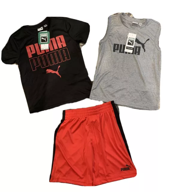 Tenue 3 pièces Puma enfants garçons noir/rouge/gris/ensemble short taille 5 t-shirt et réservoir neuf avec étiquettes