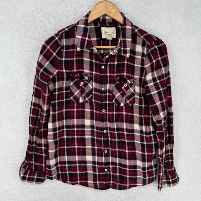 Forever 21 Flannel Shirt Womens Medium Red Plaid Button Up Long Sleeve Top Soft