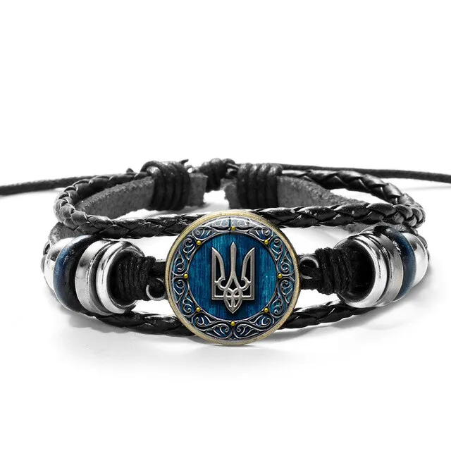 Ukraine Tryzub Charm Bracelet The Ukrainian Symbol PU Leather Wristband - Black