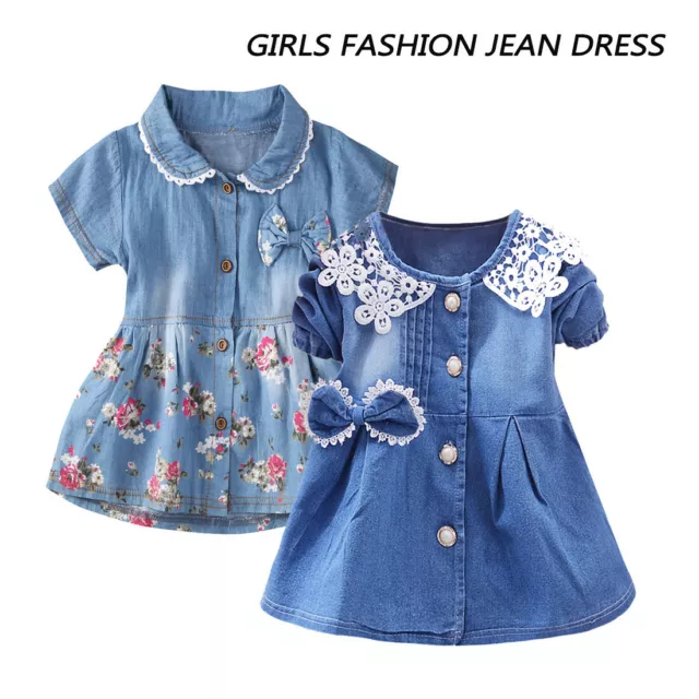 Baby Girls Casual Denim Dress Floral Lace Bowknot Jeans Dress Size 3~24Months