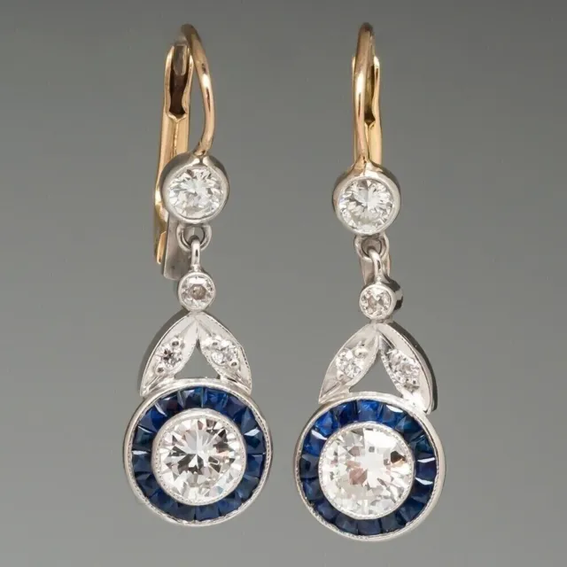 Art Deco Style 2.25Ct Blue Sapphire & Diamond Engagement Wedding Silver Earrings