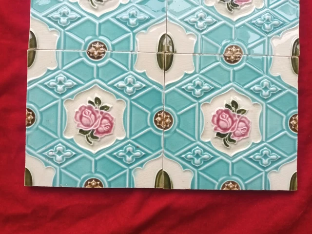 4 Piece Lot Old Art Flower Design Embossed Majolica Ceramic Tiles England 0357 3