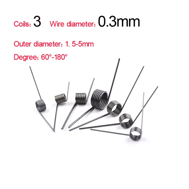 Torsion Spring Wire Dia. 0.3mm Coils 3 Outer Diameter 1.5 to 5mm Degree 60°-180°