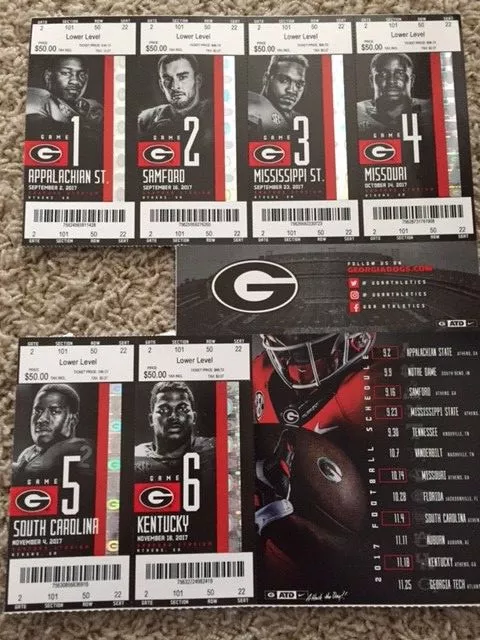 2017 Georgia Bulldogs College Football Season Ticket Stub Complete Sheet