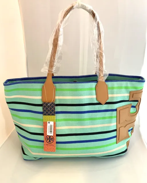 NWT Tory Burch Stacked T EW Tote Bag Large Mint Multi Classic Stripe