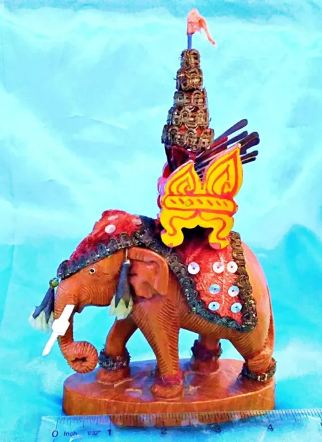 Vintage Hand Carved Wooden Elephant Figurine Wood Hindi India