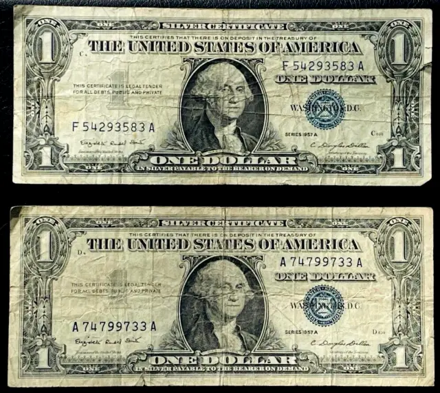 1957 $1 Silver Certificate LOT OF 2 1957-A Banknotes One 1 Dollar Bills Series A