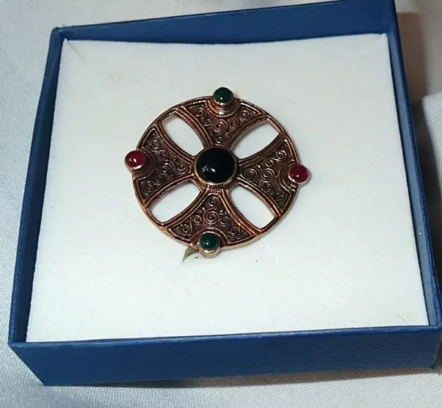 Irish Bronze Celtic Cross Brooch with Green and Black and Carnelian stones