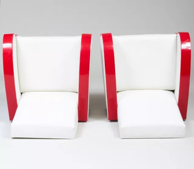 Pair Of Art Deco Leather Upholstered Club Arm CHAIRS WHITE LEATHER Red Arm Rest