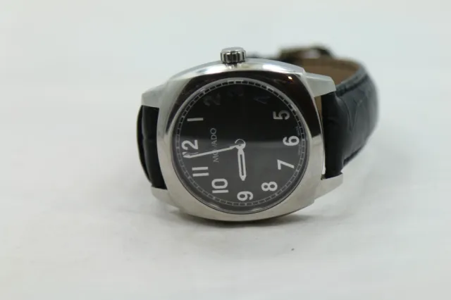 Men's Movado 35.1.14.1193 Silver Tone Black Dial Black Leather Strap Watch