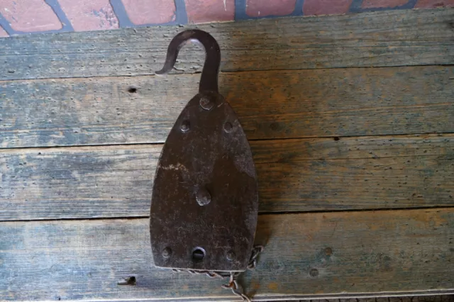 antique 19th c double iron pully 4 in diameter iron chive large hand forged hook