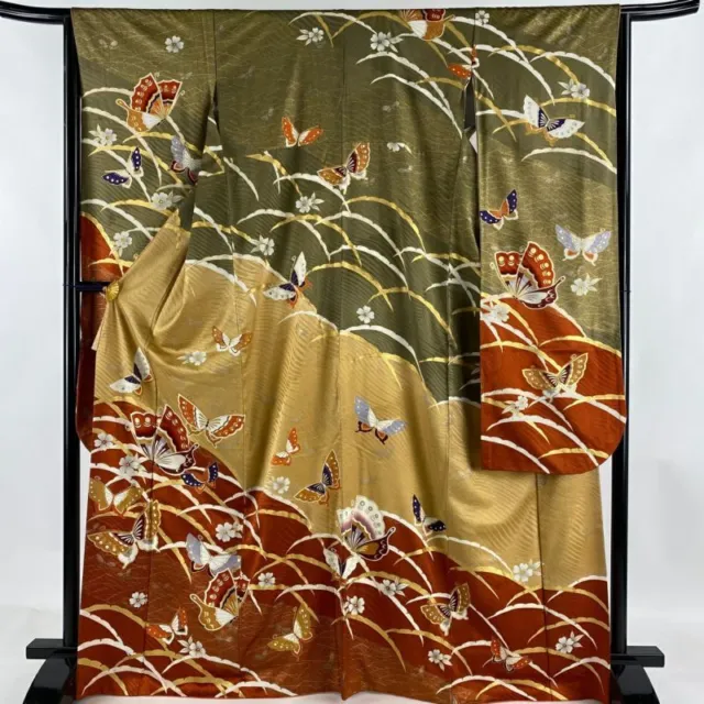 JAPANESE KIMONO FURISODE LONG SLEEVES LADIES WOVEN SILK 100% BUTTERFLY 166.5cm