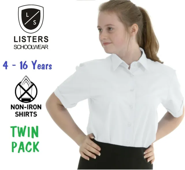 Twin Pack Girls School Blouse Uniform Short/ Long Sleeve White Sky Blue Age 3-18