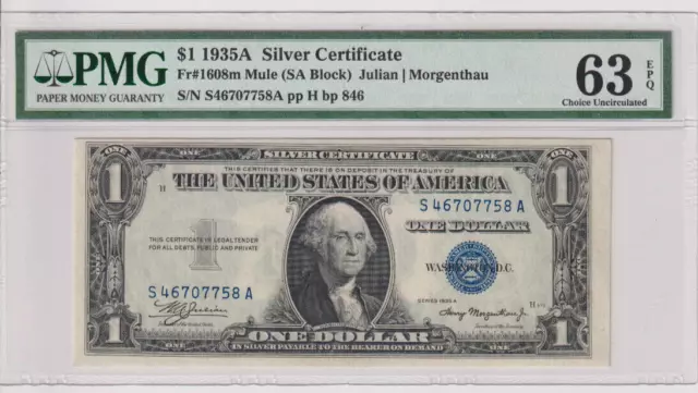 Fr 1608m 1935A Mule $1 SC S46707758A bp 846 PMG 63EPQ 1935-A