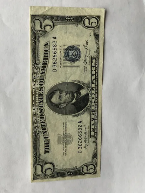 1953- A $5 Five Dollars Silver Certificate Blue Seal Us Bill# D 36266582 A
