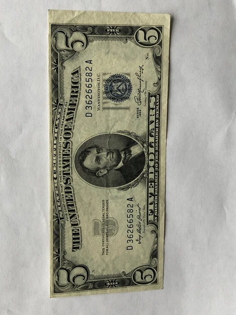 1953- A $5 Five Dollars Silver Certificate Blue Seal Us Bill# D 36266582 A