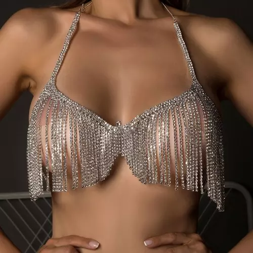 Luxury Bling Bra Necklace Rhinestone Tassel Body Chain Sexy Crystal Body Chain