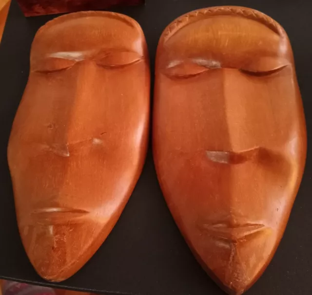 2 Wooden African Hand Carved Face Tribal Wall Hanging Mask