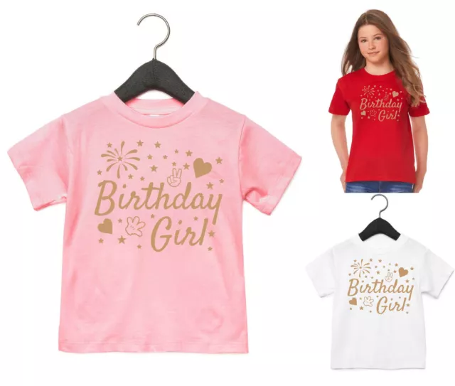 Birthday Girl T Shirt Girls Gold Print With Stars & Hearts Kids T shirt Age 1-15