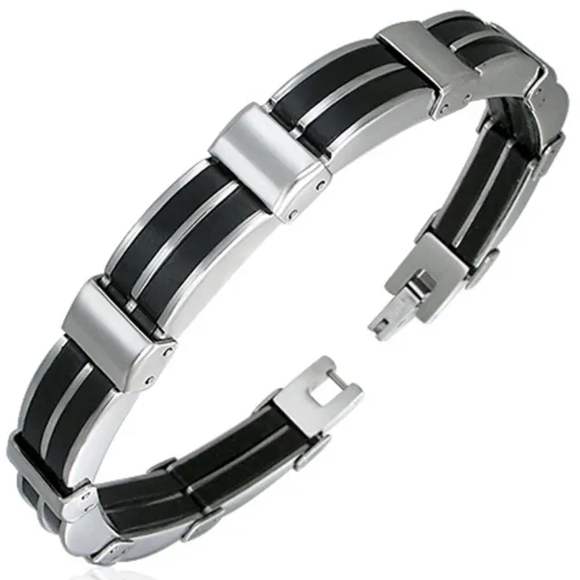 Zense - Pulsera para hombre en acero inoxidable y caucho negro ZB0145