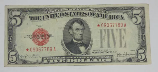 Series of 1928-F*STAR Red Seal $5 Legal Tender US Note VF Fr#1531*  Problem Free