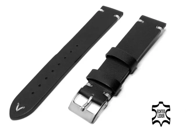 Uhrenarmband 20 mm Schwarz Voll-Leder Kernig + Superweich Top Naht