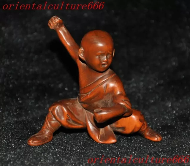 3"Chinese Buddhism boxwood wood carven Feng shui child monk Buddha statue