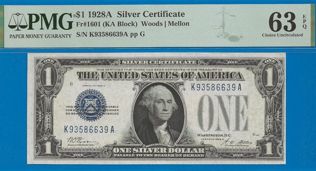 FR-1601 ✅ 1928-A $1 S/C (( Blue Seal 🔴 KA Block )) PMG 63EPQ # K93586639A
