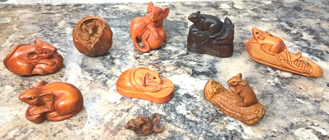 Lot 9 Boxwood Hand Carved Japanese Netsuke Sculpture Mouse Mice Collection Set