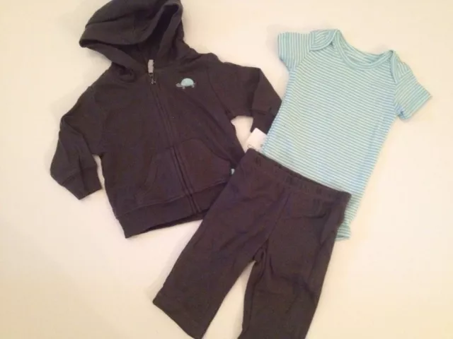 Carter's Baby Boy Grey Turtle Hooded Jacket Pants Outfit Size Newborn 3 6 Months