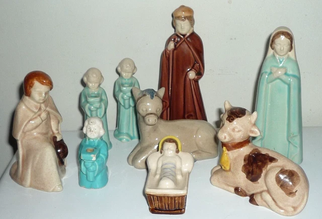 Crèche Ancienne En Céramique 8 Pièces, Boîte D'origine, Craie, Très Bon état