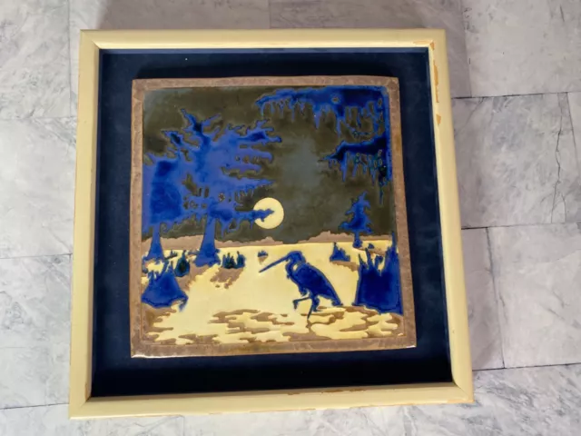 Fulper Pottery Heron Crane Bird In Marsh Blue Framed Tile Trivet 1992 Signed