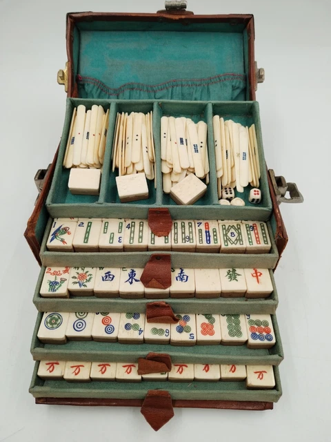Jeu De Mah Jong En Bois De Thaïlande - Boîte En Bois Avec Intérieur Velours, 76 Pièces + 4 Dés