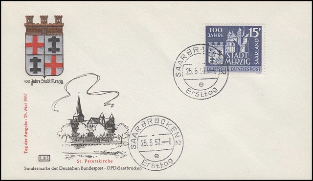 401 Stadt Merzig & St. Peterskirche 1957 Schmuck-FDC Saarbrücken Ersttag 25.5.57