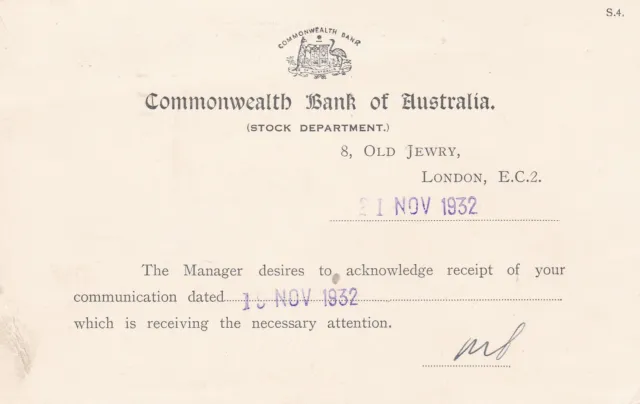 COMMONWEALTH BANK OF AUSTRALIA Wappenlogo 1932 Lagerabteilung. Briefmarkenpostkarte 48688