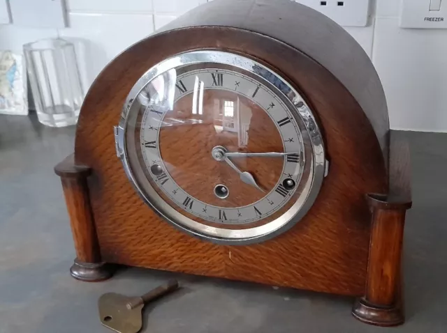 English Art Deco Mantle Clock / Chimes  + Key,pendulum Working Fine