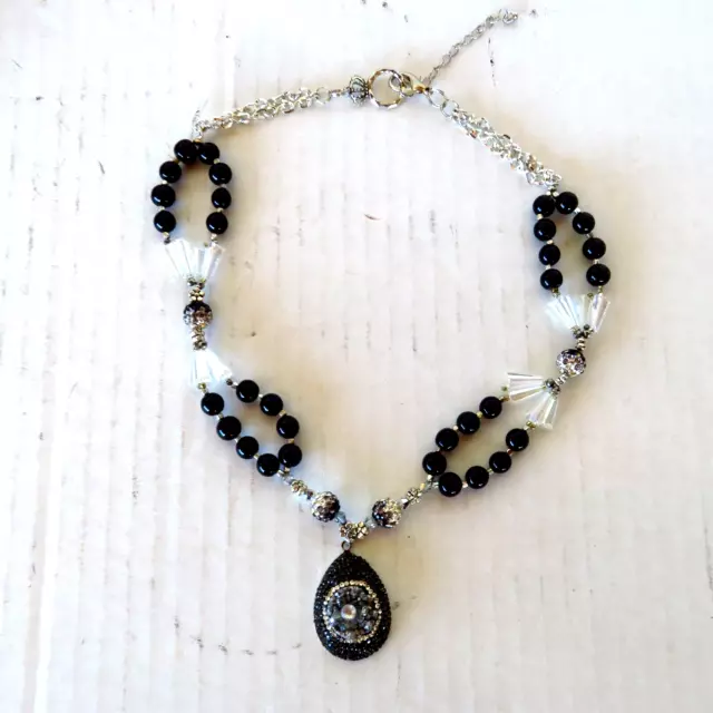 Vintage Onyx Glass Drusy Pendant Swarovski Crystals Necklace Choker Statement