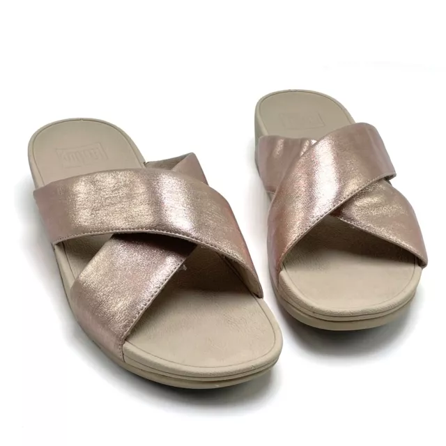 FitFlop Womens Lulu Cross Glitz Slide Sandal Sz 8 Rose Gold Comfort Cushioned