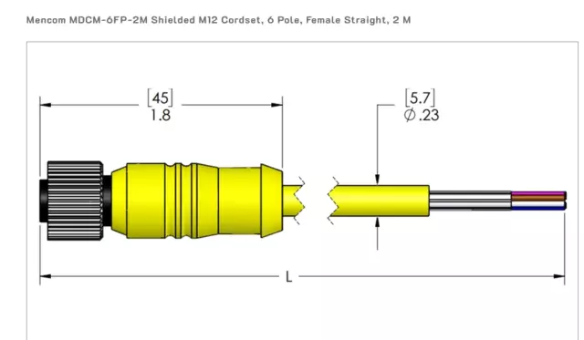 Mencom MDCM-6FP-2M Shielded M12 Cordset, 6 Pole, Female Straight, 2 M 3