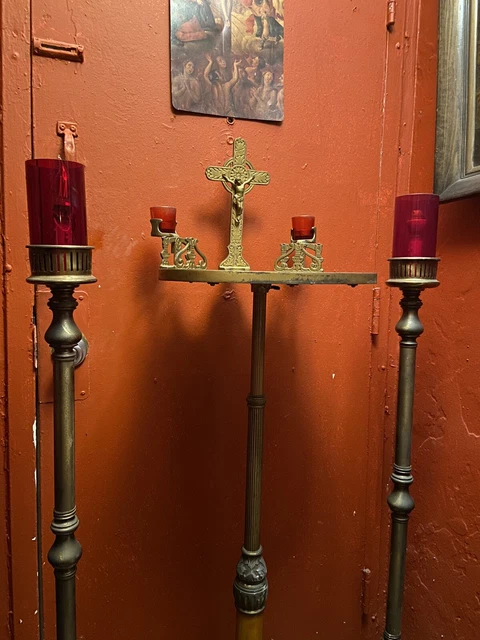 Antique Church Religious Altar Floor Lamps 3 pieces Set Brass Crucifix Funeral Antique Church Religious Altar Floor Lamps 3 pieces Set Brass Crucifix Funeral