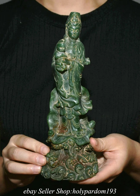 8.8" Old Chinese Natural Green Jade Carving Kwan-yin Guan Yin Goddess Statue
