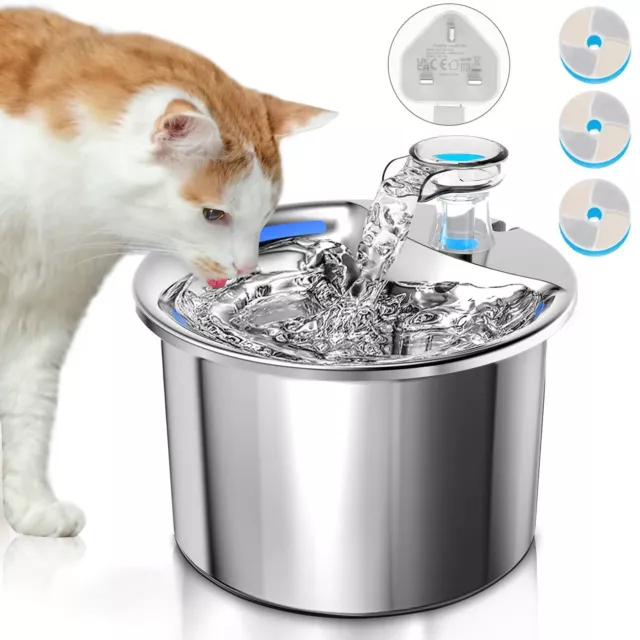 LiteBee 2L Stainless Steel Cat Water Fountain Adjustable Super Quiet (3 Filters)