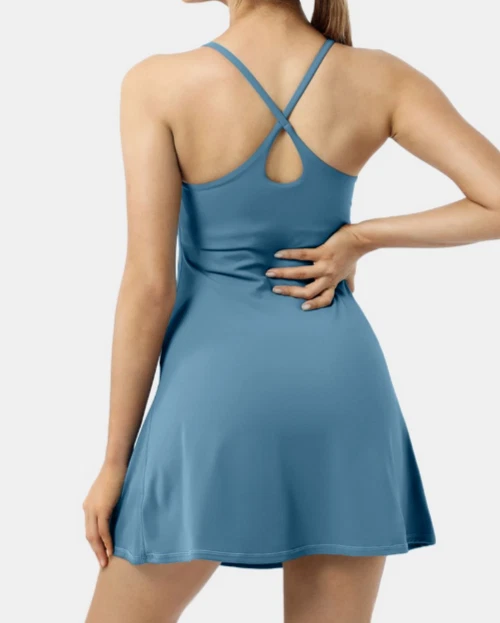 Women's S, Halara Cloudful Blue Cross Back 2-in-1 Flare Active Dress,Pockets