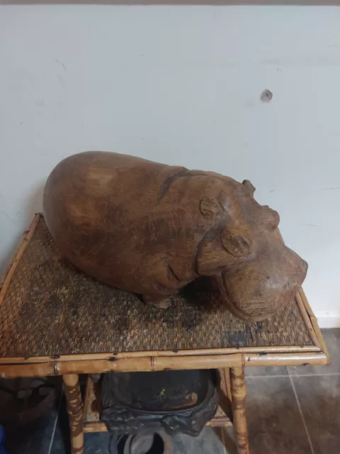 African Hand Carved Hippo - Wooden Ornamental Hippopotamus Animal Sculpture