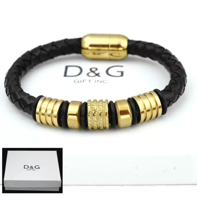 DG Men's 8" Gold Stainless-Steel,Black Braided Leather Magnetic Bracelet + BOX