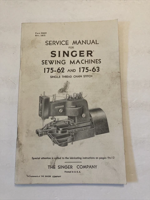 Genuino Original Singer Máquina de Coser Manual de Servicio 175-62 175-63 Puntada de Cadena